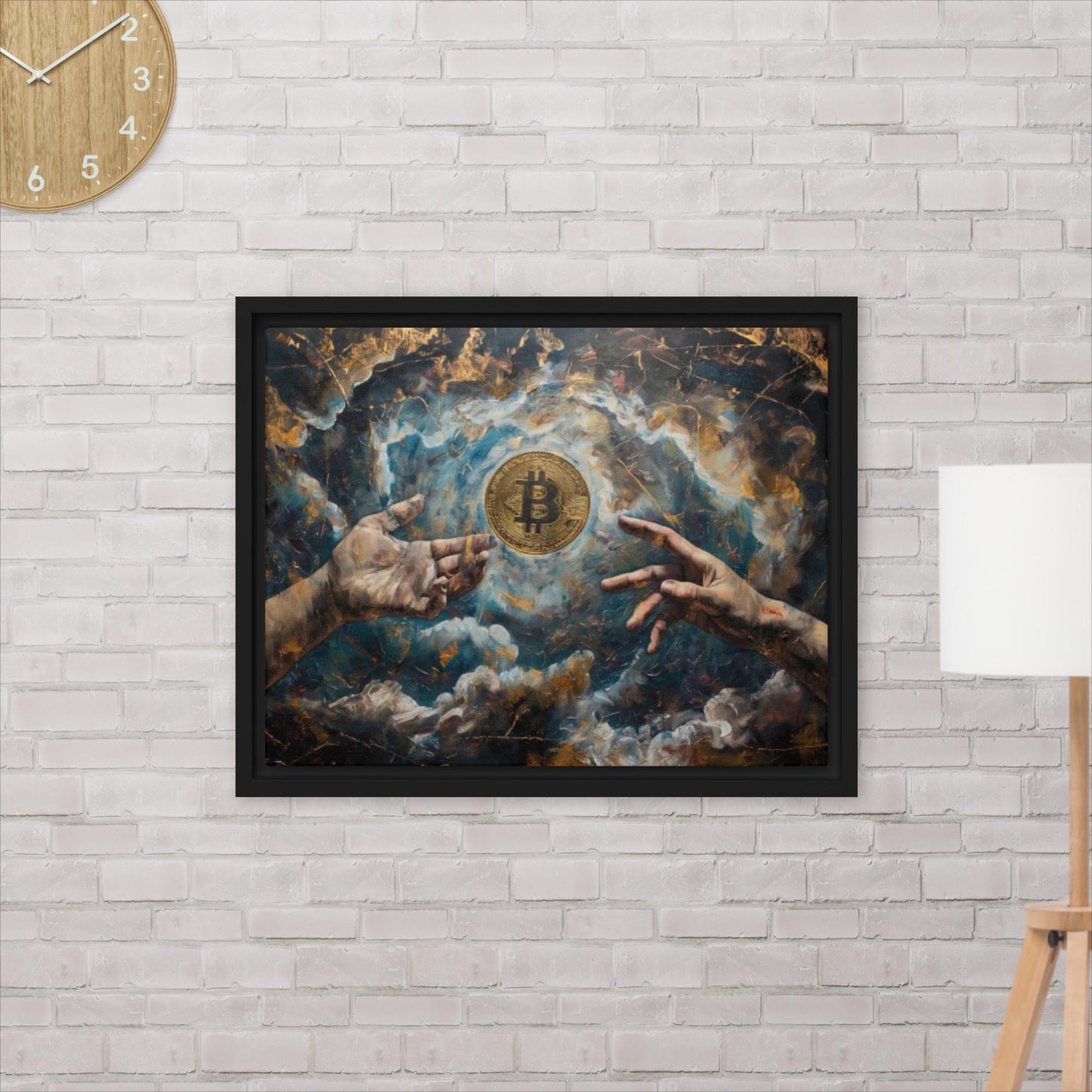 Bitcoin Creation Black Framed Canvas