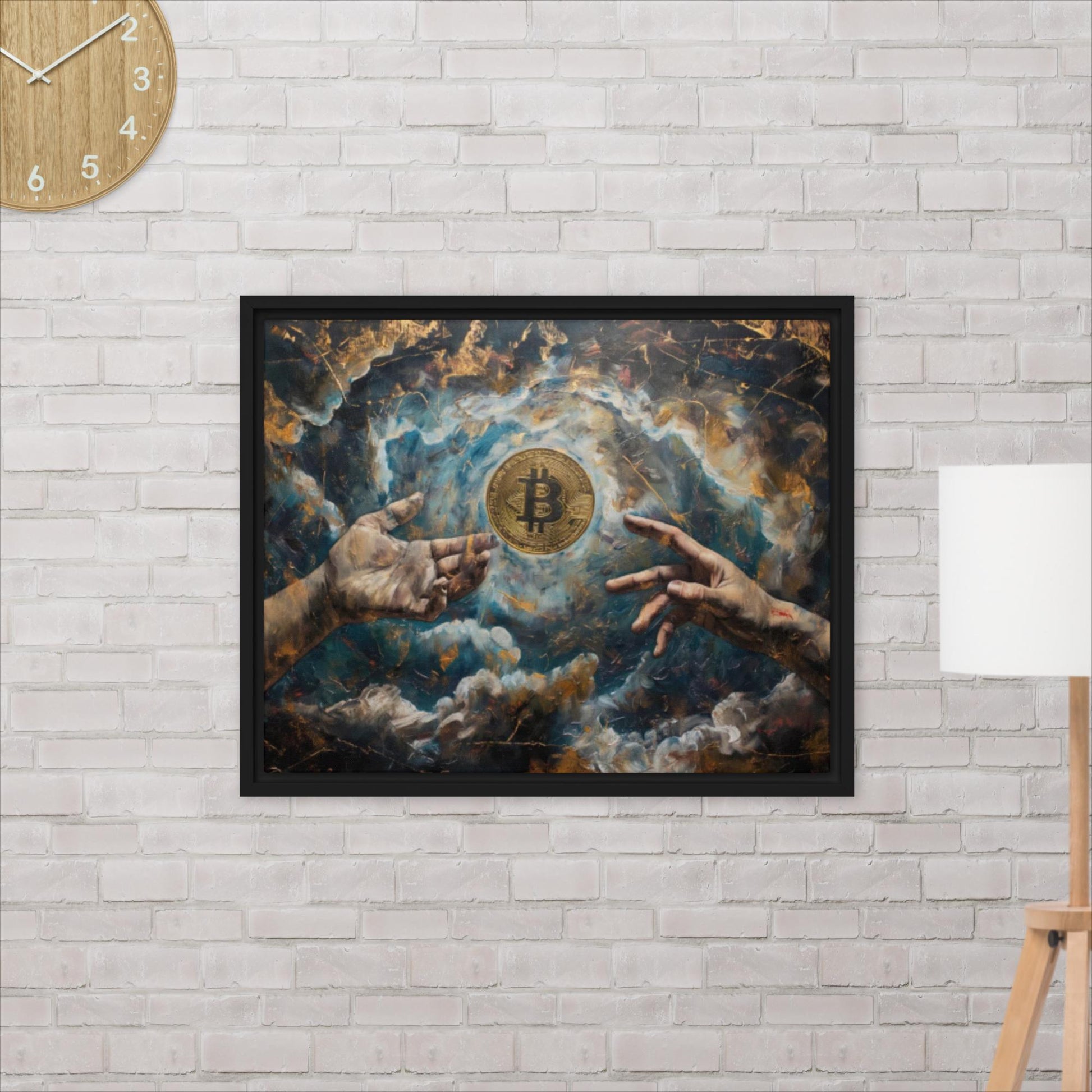 Bitcoin Creation Black Framed Canvas