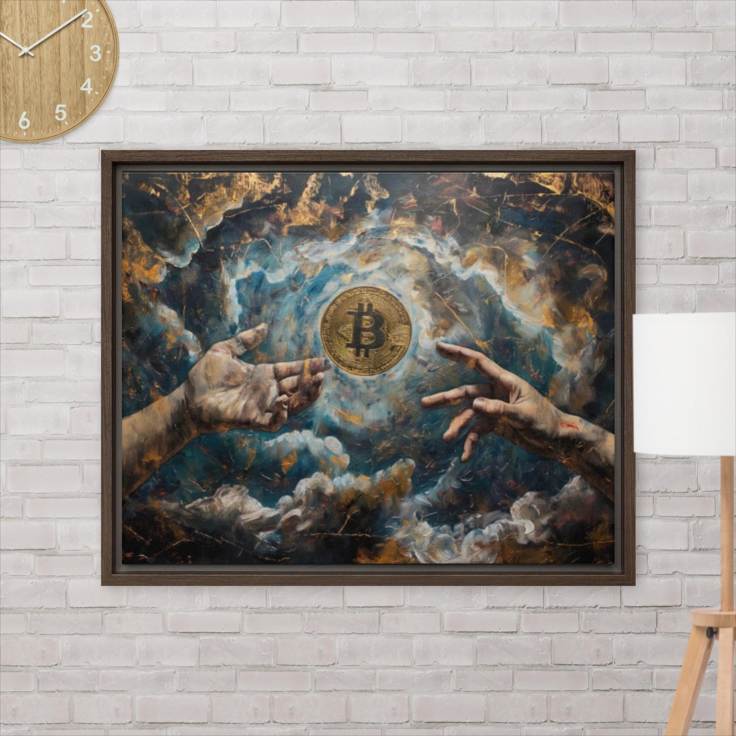 Bitcoin Creation Brown Framed Canvas