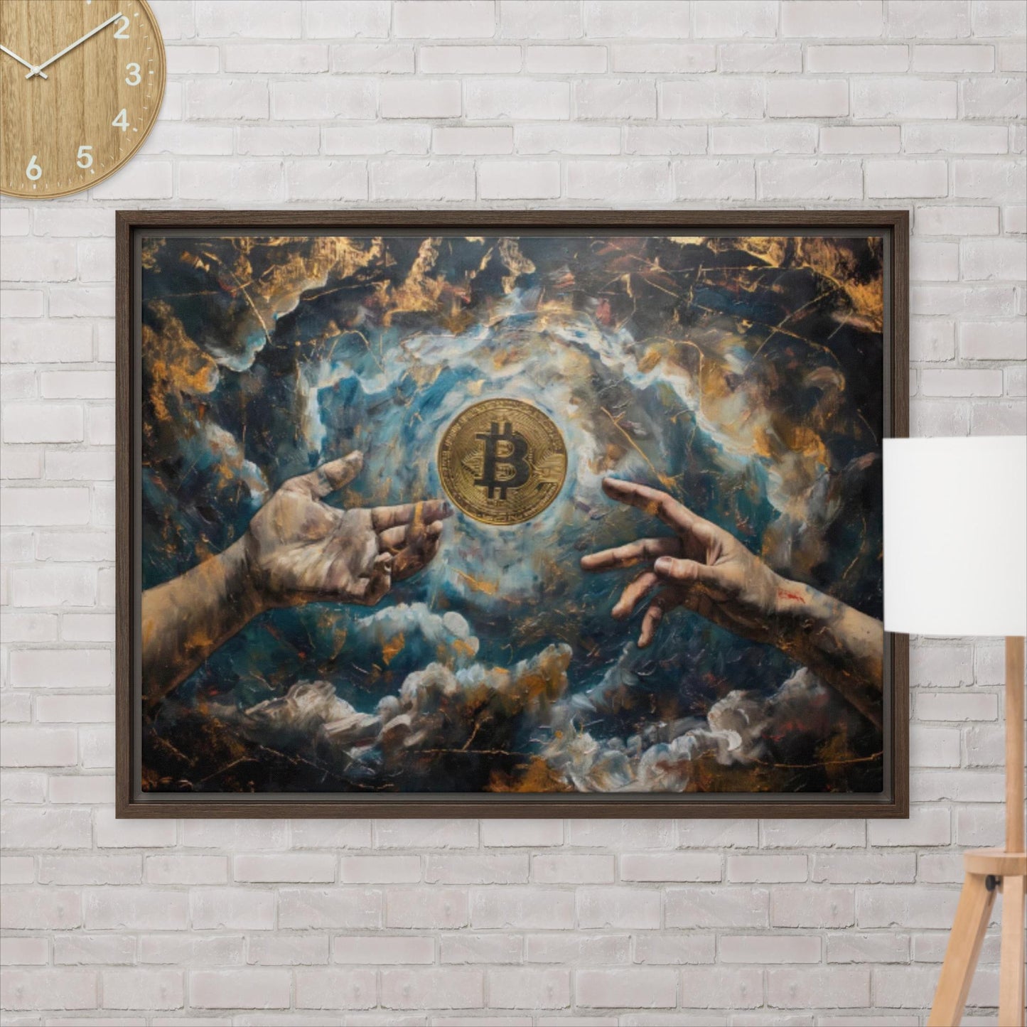 Bitcoin Creation Brown Framed Canvas