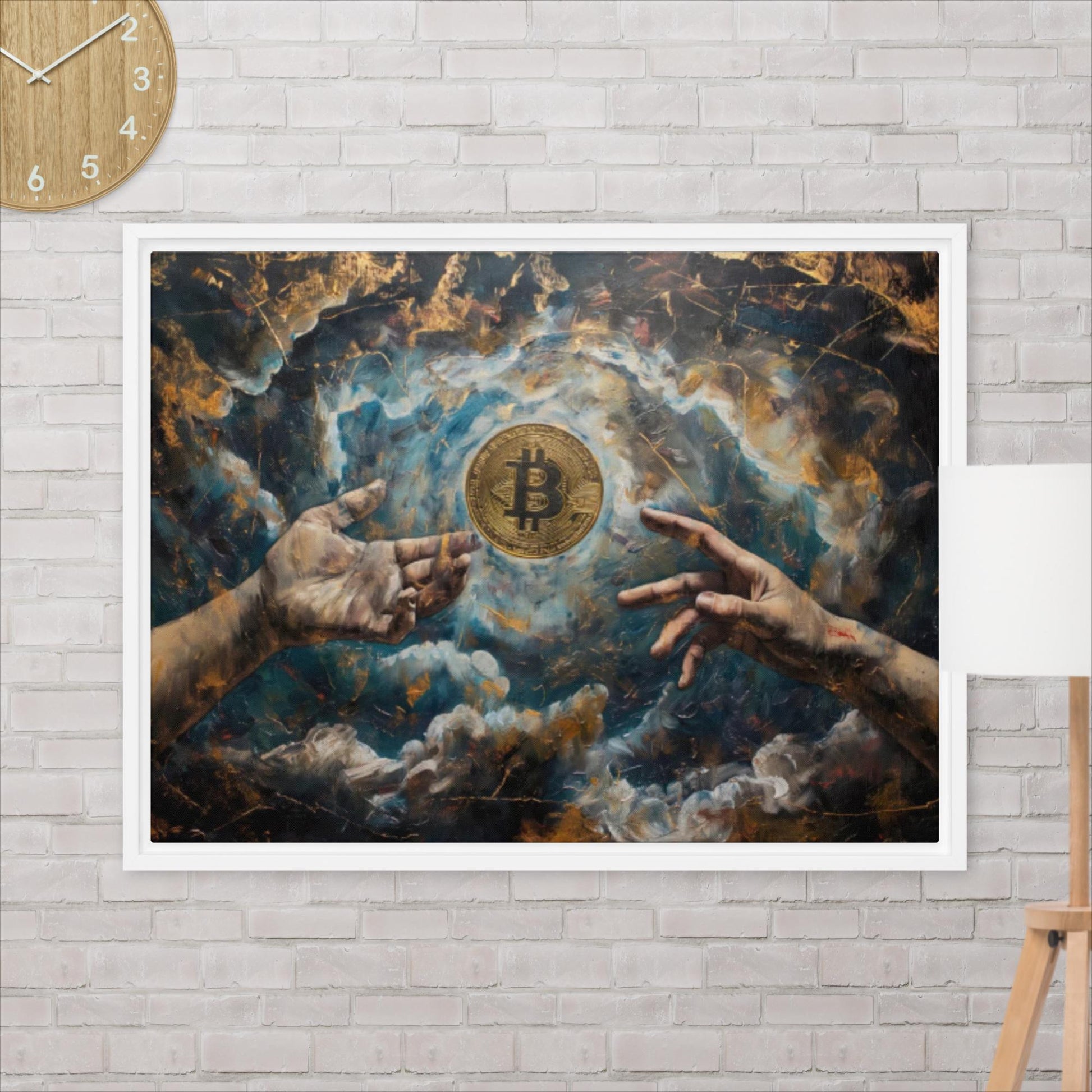 Bitcoin Creation White Framed Canvas