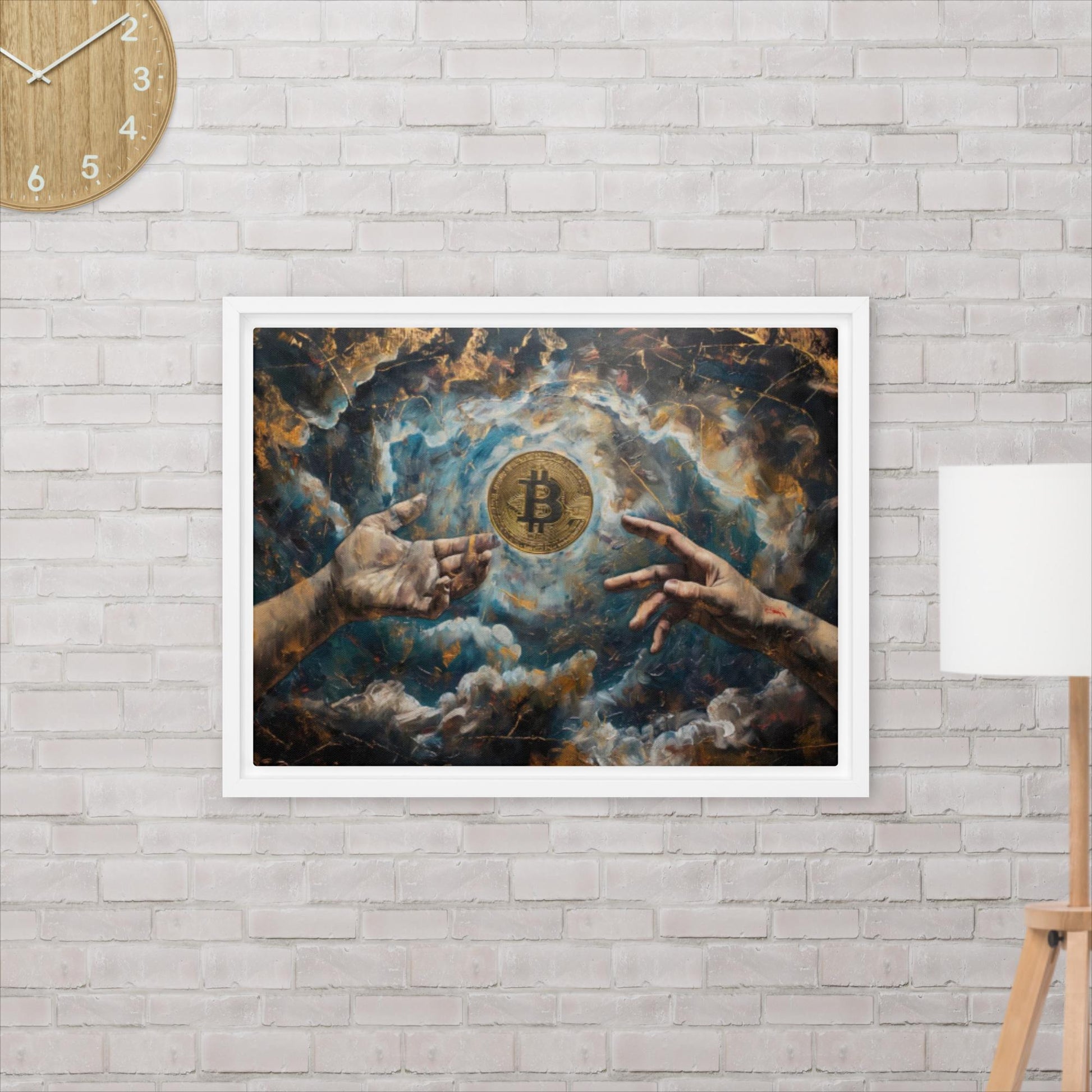 Bitcoin Creation White Framed Canvas