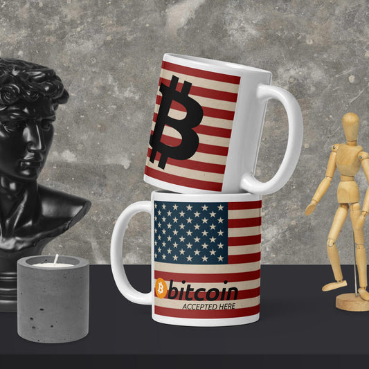 Bitcoin Accepted Here | USA - White Glossy Mug